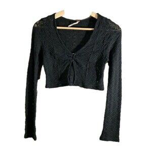 Free People Black Pointelle Knit Cropped Cardigan Coquette Shrug Top Small